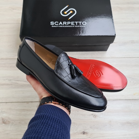 Black Croco Leather Loafers with Red Sole